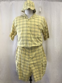 Mens, 1990s Vintage, P1, DEGREE, Lt Yellow, Ochre Brown-Yellow, Sage Green, Cotton, Plaid, C46", L, Oversized Shirt, Dropped Short Sleeves, Button Front, Collar Attached, with Button Loop, 1 Pocket, Puckering of Collar Innerfacing