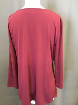 LIZ CLAIBORNE, Wine Red, Polyester, Spandex, Solid, Ballet Neck, Long Sleeves, Pleated Side with Tie