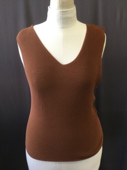 Womens, Pullover, ELLEN TRACY , Brown, Cotton, Solid, L, Rib Knit, V-neck, Sleeveless