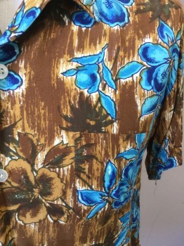 Mens, Shirt, HAWAIIANA, Brown, Turquoise Blue, Navy Blue, Lt Brown, Rayon, Hawaiian Print, Floral, M, Brown Paint Splatters with Turquoise Flowers and Dark Brown Flowers, Button Front, Collar Attached, Short Sleeves, 1 Pocket