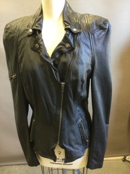 NL, Black, Leather, Cotton, Solid, Moto Style, Zip Front/pockets, Snap Back Notched Lapel
