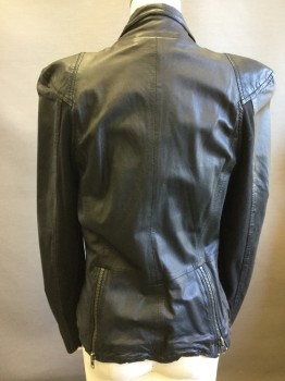 NL, Black, Leather, Cotton, Solid, Moto Style, Zip Front/pockets, Snap Back Notched Lapel