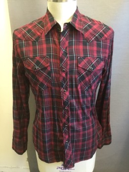 Mens, Western, SALT, Cherry Red, Black, Gray, Cotton, Plaid, L, Collar Attached, Black Button Snap Front, Long Sleeves, Pocket Flaps