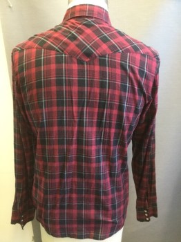 Mens, Western, SALT, Cherry Red, Black, Gray, Cotton, Plaid, L, Collar Attached, Black Button Snap Front, Long Sleeves, Pocket Flaps