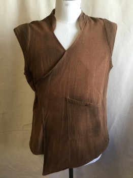 Mens, Historical Fiction Vest, N/L, Rust Orange, Lt Brown, Cotton, Polyester, Solid, XXL, (AGED) V-neck with Stand Collar Attached, Wraparound with 1 Brass Snap Front, 1 Large Pocket with Matching Brass Snap Button. Shinny Golden Brown Lining,  Quilt-like Padding on Upper Arm Holes, Uneven Hem