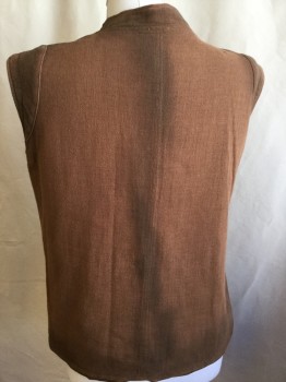 N/L, Rust Orange, Lt Brown, Cotton, Polyester, Solid, (AGED) V-neck with Stand Collar Attached, Wraparound with 1 Brass Snap Front, 1 Large Pocket with Matching Brass Snap Button. Shinny Golden Brown Lining,  Quilt-like Padding on Upper Arm Holes, Uneven Hem