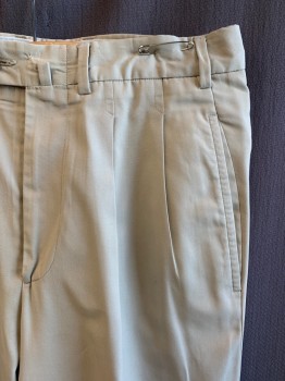 Mens, Slacks, FACONNABLE, Khaki Brown, Polyester, Cotton, Solid, L 30, W 30, Pleated Front, Cuffed Hems, 5 Pockets, Belt Loops, Zip Front