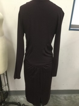 MAX MARA, Plum Purple, Wool, Cotton, Solid, Jersey, Cross Over Bust, Long Sleeves, Rouching Detail at Front /back Skirt
