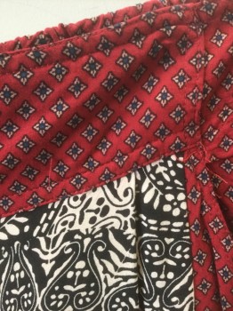 Womens, Pants, FREESTYLE, Black, Ecru, Dk Red, Beige, Navy Blue, Rayon, Geometric, Abstract , XL, Black and Ecru Swirled Busy Geometric Pattern, Dark Red with Beige and Navy Tiny Diamonds Pattern at Waistband and Leg Outseam, Elastic Waist in Back, Tapered Leg, 2 Side Pockets
