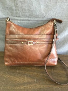 Womens, Purse, SPRING, Brown, Leather, Solid, Shoulder Strap Bag, Zip Closure, 1 Outside Pocket with Snap Closure and Buckle Detail, Adjustable Strap