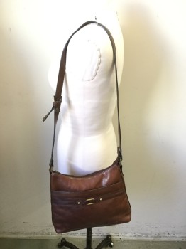 Womens, Purse, SPRING, Brown, Leather, Solid, Shoulder Strap Bag, Zip Closure, 1 Outside Pocket with Snap Closure and Buckle Detail, Adjustable Strap