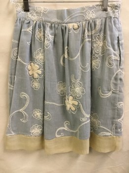 Womens, Skirt, Knee Length, PURPLE CLOVER, Gray, Off White, Beige, Cotton, Silk, Floral, 27, Gray with Off White Swirl Flower,  3" Beige Hem with Gray Lining, Gathered with 2" Waist Band, Side Zip, 2 Side Pockets