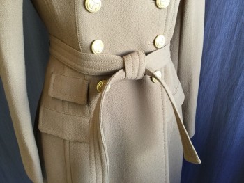 J.  CREW, Camel Brown, Copper Metallic, Wool, Acetate, Solid, Shinny Copper Lining, 3/4 Length, Collar Attached, Double Breasted, Gold Button Front, 3 Pockets Flaps Long Sleeves, with Self Detach Bet