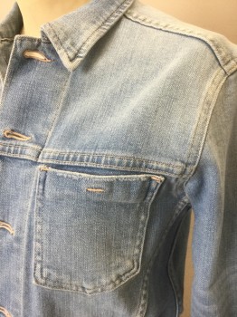 L'AGENCE, Denim Blue, Lt Blue, Cotton, Polyester, Solid, Light Blue Denim, 5 Button Front, Collar Attached, 4 Pockets Including 2 Patch Pockets at Chest, Cut Off/Frayed Hem and Cuffs