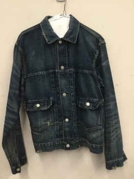 Mens, Jean Jacket, RALPH LAUREN, Indigo Blue, Cotton, Solid, M, Stonewashed Denim Jacket with Frayed Edges at Collar, Cuffs and Right Pocket  See Photo for Details, 5 Button Closure, 2 Patch Pockets with Flaps