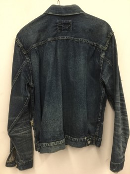 Mens, Jean Jacket, RALPH LAUREN, Indigo Blue, Cotton, Solid, M, Stonewashed Denim Jacket with Frayed Edges at Collar, Cuffs and Right Pocket  See Photo for Details, 5 Button Closure, 2 Patch Pockets with Flaps