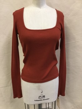 Womens, Top, URBAN OUTFITTERS, Rust Orange, Cotton, Elastane, Solid, M, Scoop Neck and Back, Long Sleeves, Rib Knit,