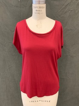 Womens, Top, TWO By VINCE CAMUTO, Dk Red, Cotton, Modal, Solid, S, Braided Boat Neck, Cap Sleeve, Scoop Back Neck with Braided Strap Across, High-Low Hem