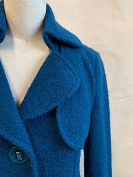 NANETTE LEPORE, Teal Blue, Wool, Polyamide, Solid, Boucle, Button Front, Teal Blue Buttons Attached with Velvet Ribbon, Collar Attached, Notched Lapel, 2 Pockets, Storm Faps, Long Sleeves, Tab Belted Cuff, Tab Back Waist Belt