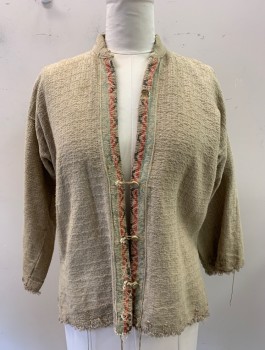 Womens, Sci-Fi/Fantasy Jacket, N/L, Oatmeal Brown, Cotton, Solid, B<42", L, Homespun Cloth, Open Front with Tomato Red, Seafoam and Charcoal Trim, 3 Button and Loop Closures, V-neck, Band Collar, Long Sleeves, Frayed Raw Edges, Aged/Worn Throughout, Made To Order