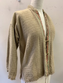 N/L, Oatmeal Brown, Cotton, Solid, Homespun Cloth, Open Front with Tomato Red, Seafoam and Charcoal Trim, 3 Button and Loop Closures, V-neck, Band Collar, Long Sleeves, Frayed Raw Edges, Aged/Worn Throughout, Made To Order