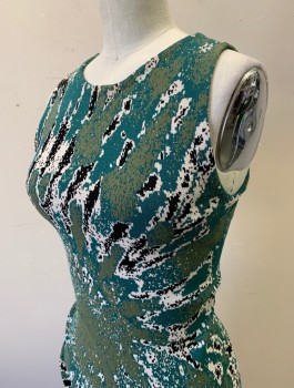RONNY KOBO, Teal Green, Olive Green, Ecru, Black, Viscose, Synthetic, Abstract , Knit, Starburst Pattern Emanating From Waist, Round Neck, Body-Con Fitted Style, Knee Length
