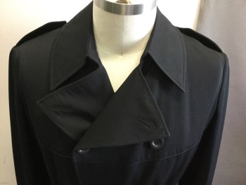 Mens, Coat, Trenchcoat, MALCOLM KENNETH, Black, Polyester, Solid, 44, Double Breasted, Collar Attached, 2 Pockets, with Belt, Epaulets, **Belt is Not Made with Same Fabric, Slight Difference