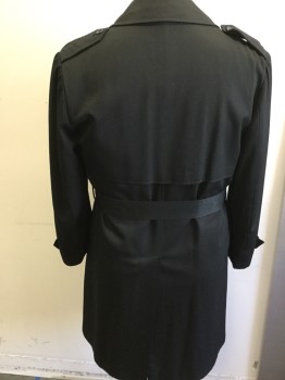 Mens, Coat, Trenchcoat, MALCOLM KENNETH, Black, Polyester, Solid, 44, Double Breasted, Collar Attached, 2 Pockets, with Belt, Epaulets, **Belt is Not Made with Same Fabric, Slight Difference