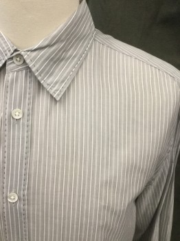 JOHN VARVATOS, Gray, White, Cotton, Stripes, Button Front, Collar Attached, Long Sleeves, Button Cuff, Overstitch Trim
