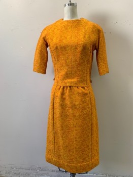 MARIANNE MONYAK, Orange, Turmeric Yellow, Dk Orange, Cotton, Abstract , Thick, Tapestry Material, Raglan 3/4 Sleeve, Zip Back, Center Front Gathered Panel at Waist Under Tuck, Large Amber Buttons Back Waist with Tab, Slit Center Back, Hem Below Knee,