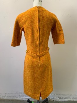 MARIANNE MONYAK, Orange, Turmeric Yellow, Dk Orange, Cotton, Abstract , Thick, Tapestry Material, Raglan 3/4 Sleeve, Zip Back, Center Front Gathered Panel at Waist Under Tuck, Large Amber Buttons Back Waist with Tab, Slit Center Back, Hem Below Knee,