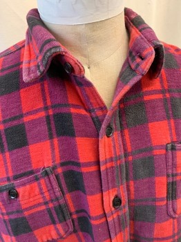 Mens, Jacket, PALERMO, Red, Purple, Black, Wool, Plaid, 32/33, 18, Shacket, Collar Attached, Button Front, Long Sleeves, 2 Pockets, Cuff Buttons
*Faded