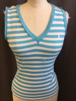 Womens, Top, RALPH LAUREN GOLF, Teal Blue, Off White, Cashmere, Stripes - Horizontal , S/P, Blue Sky And Off White Horizontal Stripes with Solid Blue Sky V-neck, & Arm Holes,