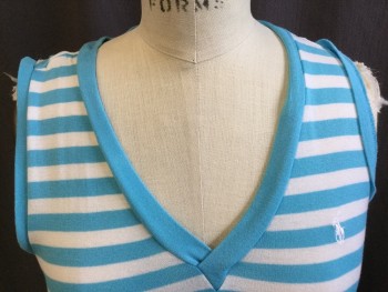 Womens, Top, RALPH LAUREN GOLF, Teal Blue, Off White, Cashmere, Stripes - Horizontal , S/P, Blue Sky And Off White Horizontal Stripes with Solid Blue Sky V-neck, & Arm Holes,