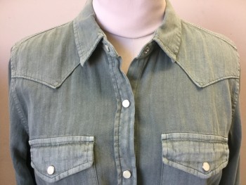 GAP, Olive Green, Cotton, Solid, Pearl Snap Front, 2 Pockets, Western Yoke,