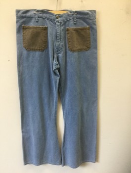 Mens, Jeans, N/L, Dusty Blue, Lt Brown, Cotton, Solid, 34/30, Twill, 4 Brown Patch Pockets in Front and Back, Bell Bottoms, Zip Fly, Belt Loops,