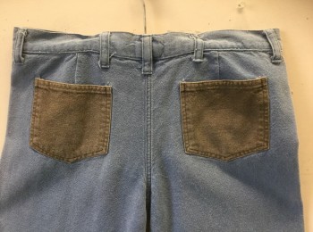 Mens, Jeans, N/L, Dusty Blue, Lt Brown, Cotton, Solid, 34/30, Twill, 4 Brown Patch Pockets in Front and Back, Bell Bottoms, Zip Fly, Belt Loops,