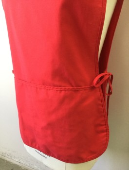CHEF DESIGN, Red, Poly/Cotton, Solid, Pull Over, Open at Sides with Self Ties, 2 Pockets/Compartments at Hips, Wide Scoop Neck
