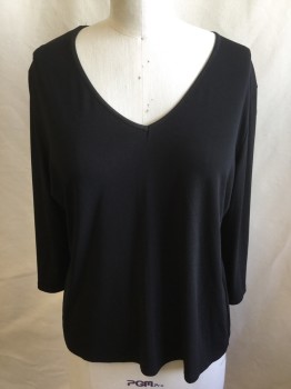Womens, Top, TALENT, Black, Polyester, Spandex, Solid, 3XL, Wide V-neck with Black Shiny Thin Trim, 3/4 Sleeves