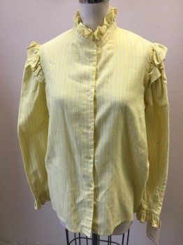 Womens, Blouse, CLUB PRIVE, Yellow, White, Dk Gray, Cotton, Polyester, Stripes - Vertical , B 38, 16, Long Sleeves, Button Front, Self Ruffled Collar & Cuffs & Shoulders
