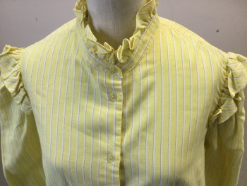 Womens, Blouse, CLUB PRIVE, Yellow, White, Dk Gray, Cotton, Polyester, Stripes - Vertical , B 38, 16, Long Sleeves, Button Front, Self Ruffled Collar & Cuffs & Shoulders