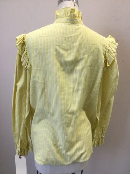 CLUB PRIVE, Yellow, White, Dk Gray, Cotton, Polyester, Stripes - Vertical , Long Sleeves, Button Front, Self Ruffled Collar & Cuffs & Shoulders