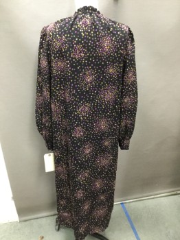 KATE SPADE, Black, Plum Purple, Gold, Green, Magenta Pink, Polyester, Dots, Button Front, Ruffled Elastic Collar, Long Poofy Sleeves, Full Length