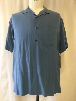 JOSEPH & FEISS, Slate Blue, Silk, Solid, Button Front, Collar Attached, Short Sleeves,