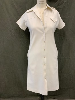 Womens, Nurses Dress, BARCO, White, Polyester, Solid, W 34, B 36, Button Front, Collar Attached, Yoke with 1 Faux Flap Pocket, Dolman Short Sleeves, 2 Round Slit Hip Pockets, Epaulets *Missing 2 Top Buttons, Dirty Shoulder*