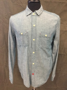 CPO PROVISIONS, Teal Blue, Cotton, Herringbone, Chambray, Button Front, Collar Attached, Long Sleeves, Button Cuffs, 2 Pockets