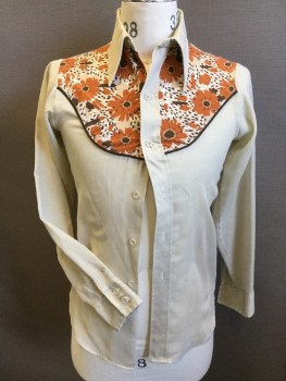 Mens, Western Shirt, FOX 73, Lt Khaki Brn, Orange, Tan Brown, Brown, Beige, Polyester, Cotton, S, Floral Print with Dark Brown Piping Trim Yoke Front & Back, Button Front, Long Sleeves, Curved Hem