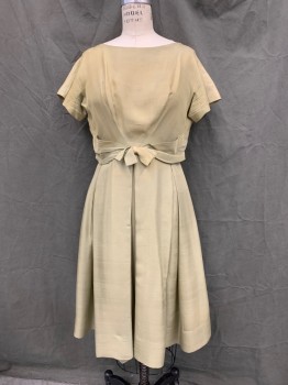 N/L, Lt Green, Silk, Solid, Boat Neck, Short Sleeves, Angled Darts Front Top, Pleated Skirt, Self Attached Pleated Belt with Bow Front, Zip Back, *Shoulder Tear That Was Repaired with Backing*