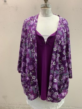 Womens, Top, BASIC EDITIONS, Purple, White, Lavender Purple, Black, Magenta Purple, Cotton, Polyester, Floral, Solid, 3X, Knit, Solid Purple Scoop Neck Henley with White Panel, Attached Floral Cardigan, Open Front, 3/4 Sleeve, 2 Pockets