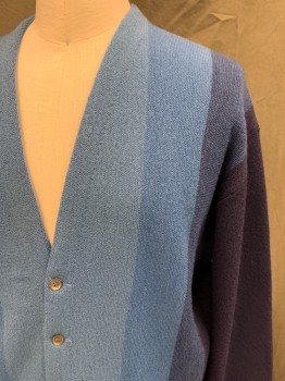 MARGOLUIS, Navy Blue, Blue, Cornflower Blue, Wool, Color Blocking, V-neck, Cardigan, Button Front, Long Sleeves, Ribbed Knit Waistband/Cuff,